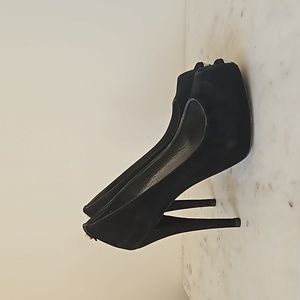 STUART WEITZMAN - soft black suede silver peep toe platform heels